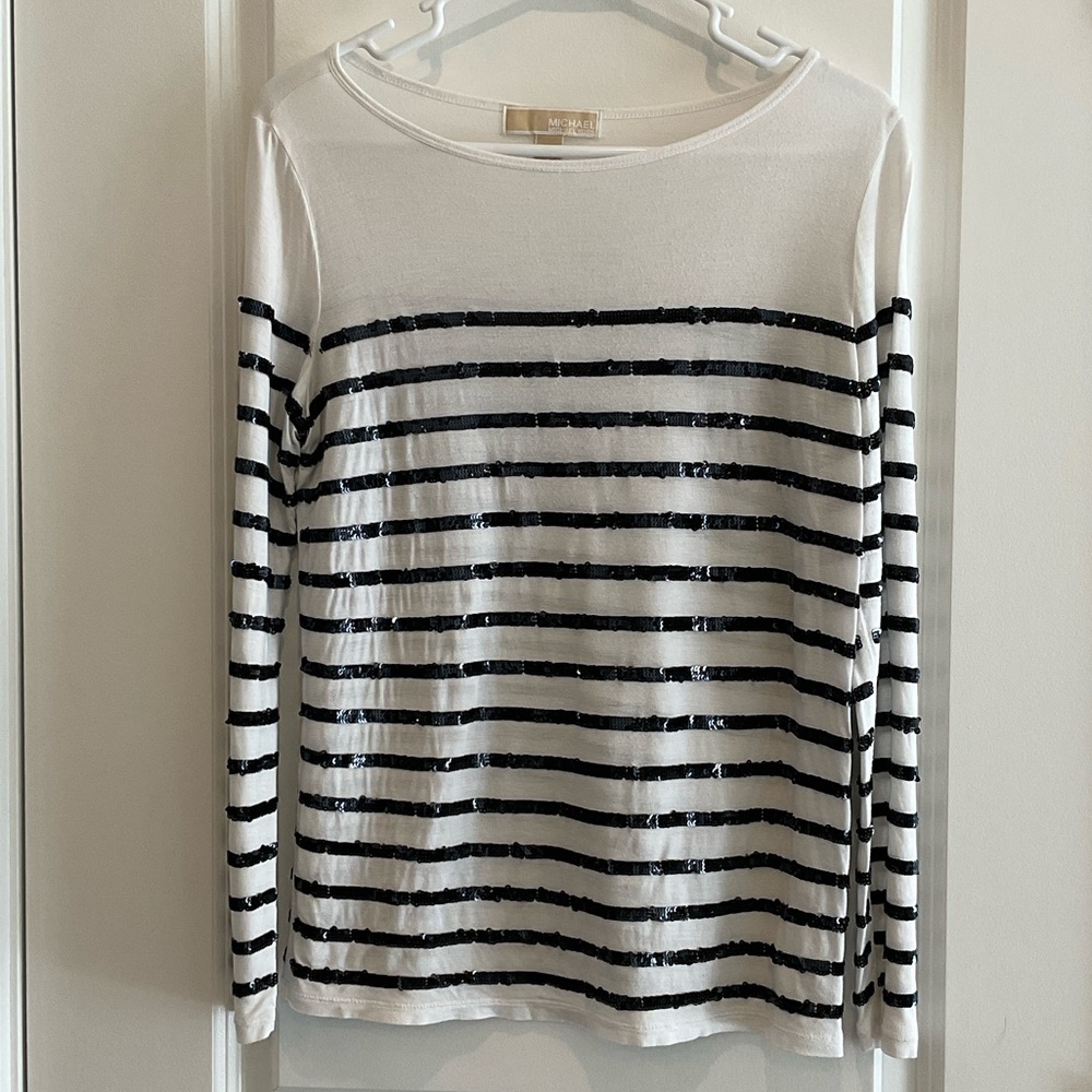 MICHAEL Michael Kors White & Black Sequins Striped Scoop Neck L/S Top (S)